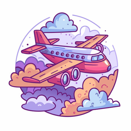 Airplane soars through puffy clouds, stylized, cartoonishのイラスト素材