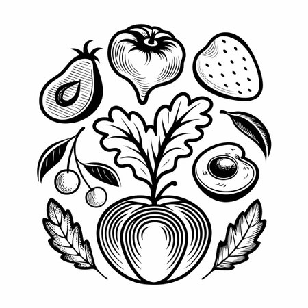 Black-and-white fruits and veggiesのイラスト素材