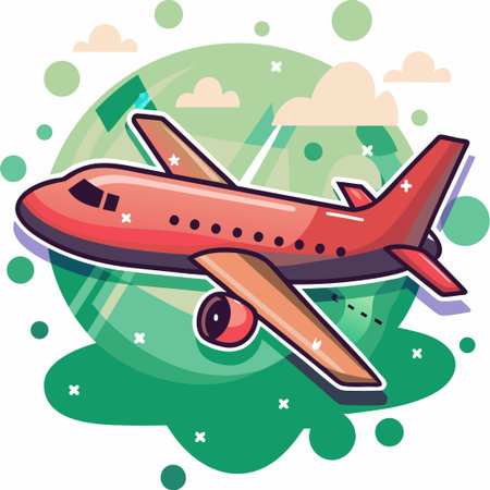 Flying A red plane soars above an abstract green landscapeのイラスト素材