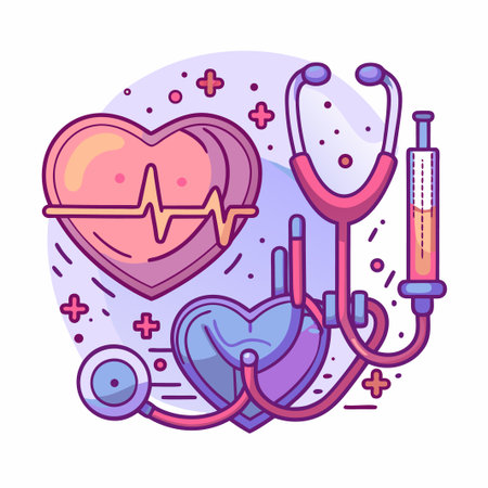Heart health icon with stethoscope, injection and heart rateのイラスト素材