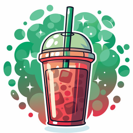 Iced drink in plastic cup with green straw and lidのイラスト素材