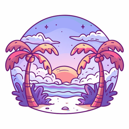 Tropical cartoon landscape. Palms, beach, sunset. Round frameのイラスト素材