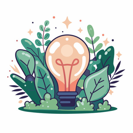 Lightbulb surrounded by lush, green plants illustrationのイラスト素材