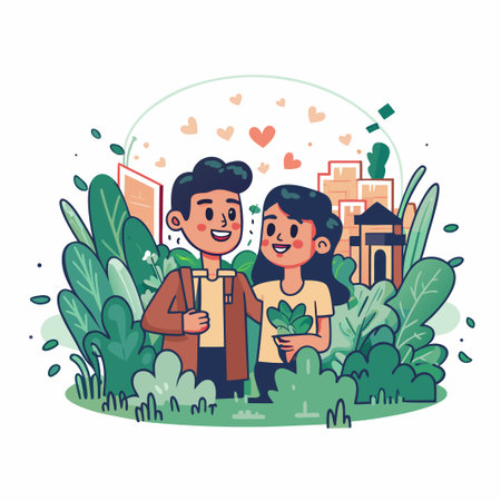 Happy couple amid cityscape with hearts &amp; plantsのイラスト素材