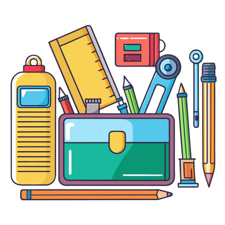 School supplies ruler, pencils, case, compass, and levelのイラスト素材