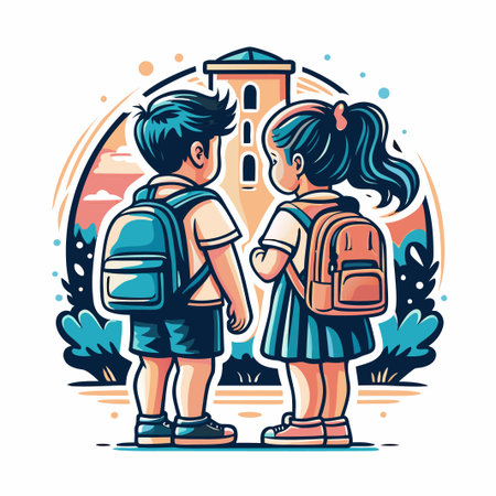 Children ready for school, looking at building. Cartoonish styleのイラスト素材