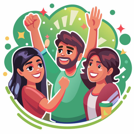 Happy group cheering with arms raised in celebration poseのイラスト素材