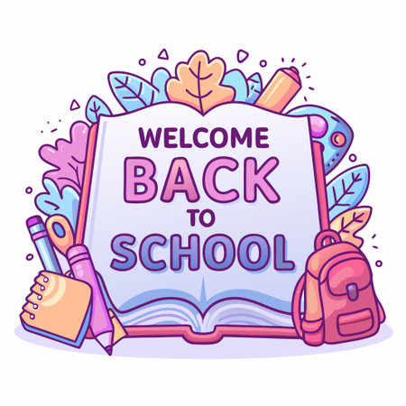 Back to school illustration with book, pencil, bag, and leavesのイラスト素材