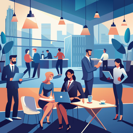 Colorful office with coworkers, desks, city view and hanging lampsのイラスト素材