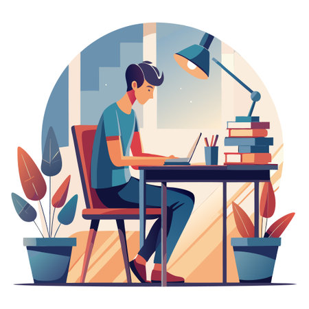 Man working at desk with laptop, books, plants, and a lampのイラスト素材