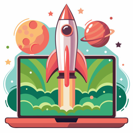 Laptop shows rocket launch, with stars and planets aroundのイラスト素材