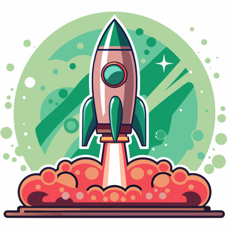 Rocket launches through space, cartoon styleのイラスト素材