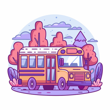 School bus on the road, trees, illustration, cuteのイラスト素材