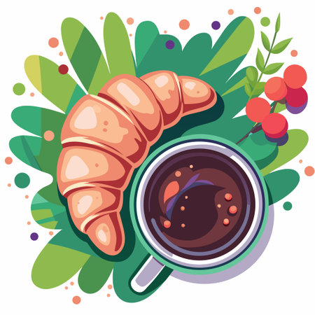 Croissant, coffee, and botanical illustration, top viewのイラスト素材