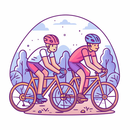 Two cyclists ride bicycles in nature. Flat vector artのイラスト素材