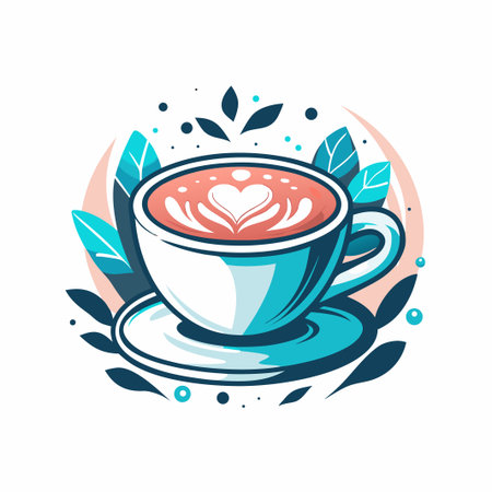 Coffee Latte art, cup, saucer, leaves and circles designのイラスト素材
