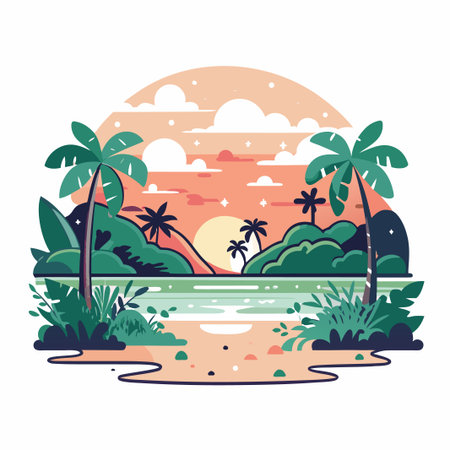 Tropical island scenery, palm trees, beach, and sunset skyのイラスト素材