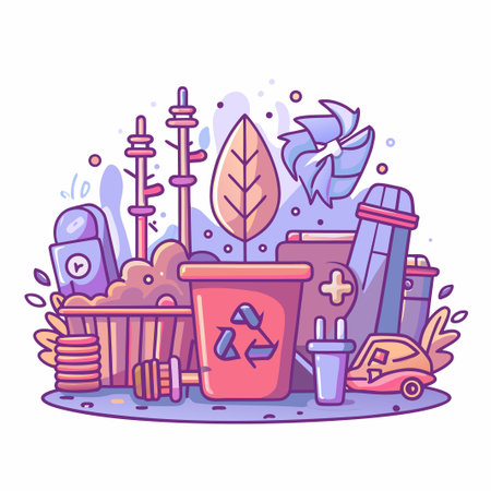 Illustration of recycle icons, batteries, cars, wind turbineのイラスト素材