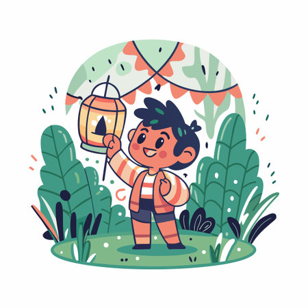 Cartoon boy with lantern smiles in lush garden settingのイラスト素材