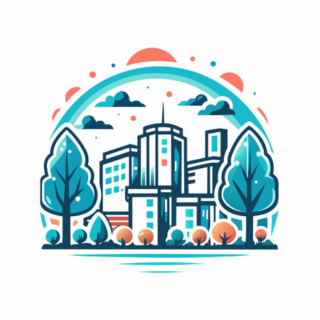 Cityscape Skyline with buildings and trees in simple designのイラスト素材