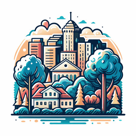 City buildings &amp; trees in cartoon drawing, vector illustrationのイラスト素材
