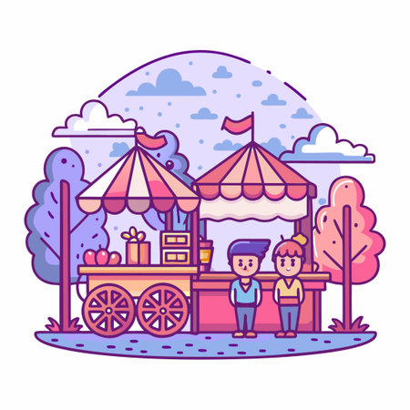 Cartoon market stalls. Boy, girl stand. Cute, funのイラスト素材