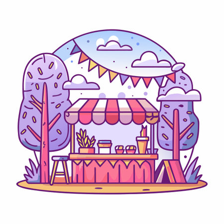 Outdoor stall with awning, trees, flags, and stylized skyのイラスト素材