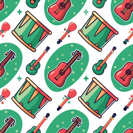 Musical instruments pattern guitar, drum, maraca, &amp; ukuleleのイラスト素材
