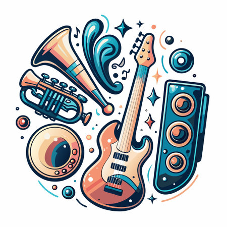 Musical instruments, trumpet, guitar, speaker, and design elementsのイラスト素材