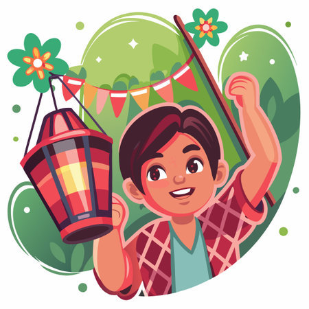 Boy with lantern, garland, and stick in a grassy sceneのイラスト素材