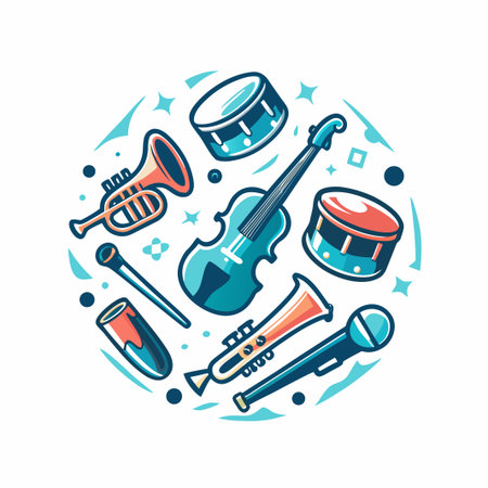 Musical instruments clustered inside a circular graphicのイラスト素材
