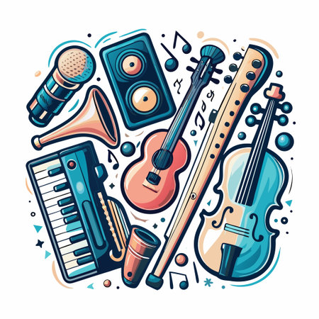Musical instruments microphone, guitar, violin, flute, pianoのイラスト素材