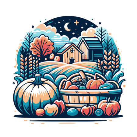 Autumn harvest scene with pumpkins and countryside barnsのイラスト素材