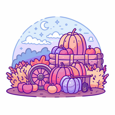 Cart of pumpkins. Night, stars, moon. Autumn foliageのイラスト素材