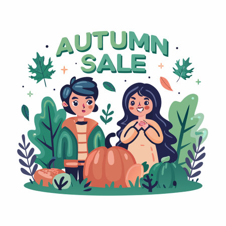 Autumn sale Cartoon couple with pumpkins and foliageのイラスト素材
