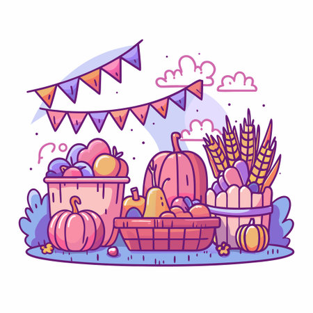Autumn harvest gourds, fruits, wheat in baskets under bannersのイラスト素材