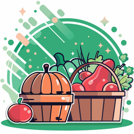 Baskets of fresh harvest vegetables with playful graphic elementsのイラスト素材
