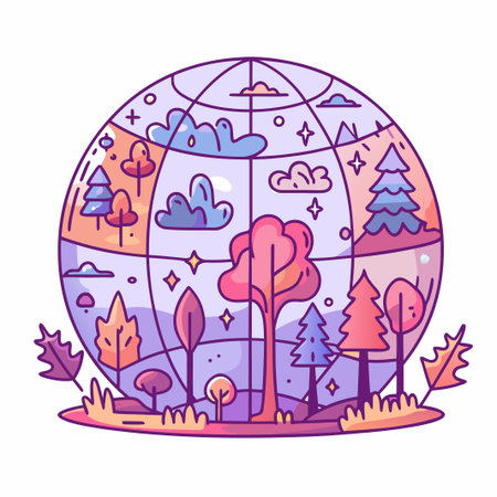 Globe with trees, hills, stars, clouds, in stylized sectionsのイラスト素材