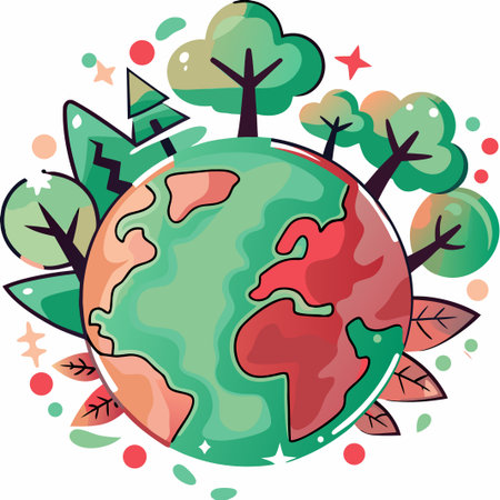 Earth with trees, leaves, stars, and festive dotsのイラスト素材