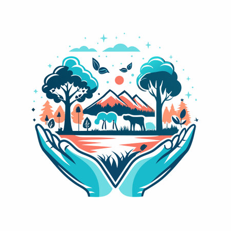 Nature held trees, animals, mountains, lake in palmsのイラスト素材