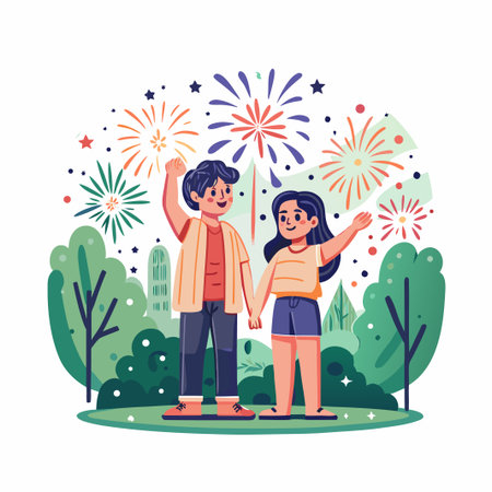 Kids enjoy fireworksのイラスト素材