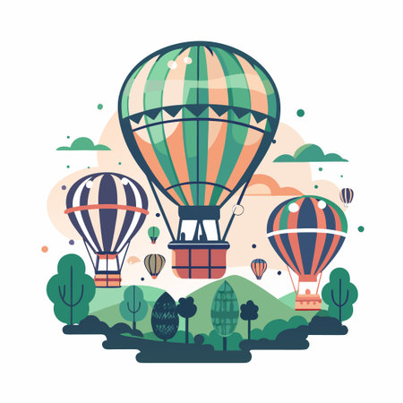Air balloons over landscape, illustration artのイラスト素材