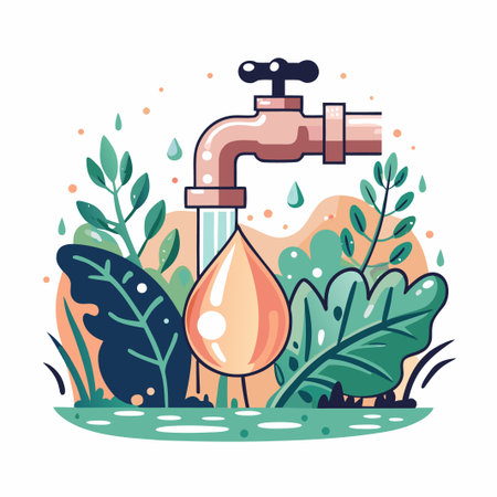 Faucet drips water. Lush greenery. Conservation vector artのイラスト素材