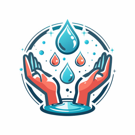 Hands catch drops, circle frame, blue and red icon designのイラスト素材