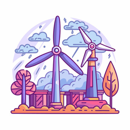Windmills stand under cloudy skies. Trees nearbyのイラスト素材