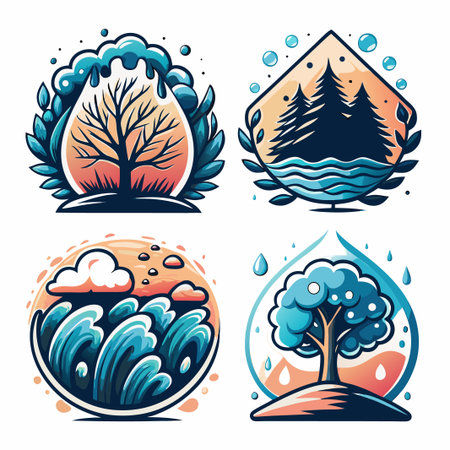 Nature set Trees, water, stylized icons. Artful designのイラスト素材