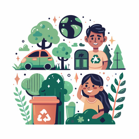 Eco-friendly scene with kids, car, trash, trees, and Earthのイラスト素材