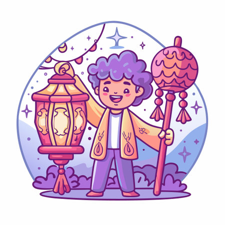 Kid celebrates with lantern and balloon stick illustrationのイラスト素材