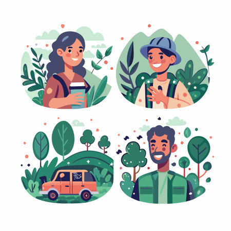 Outdoor explorers and scenery vector art. Happy, bright, natureのイラスト素材