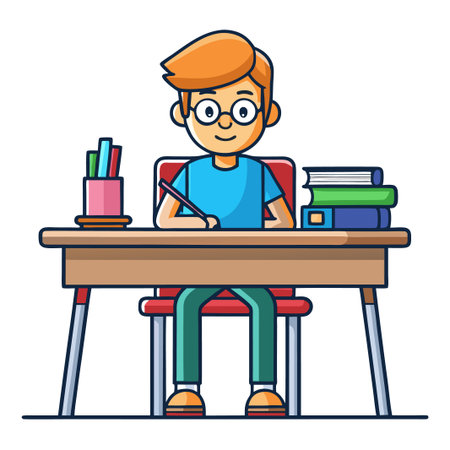Boy at desk, writing. Cartoon illustration, school settingのイラスト素材
